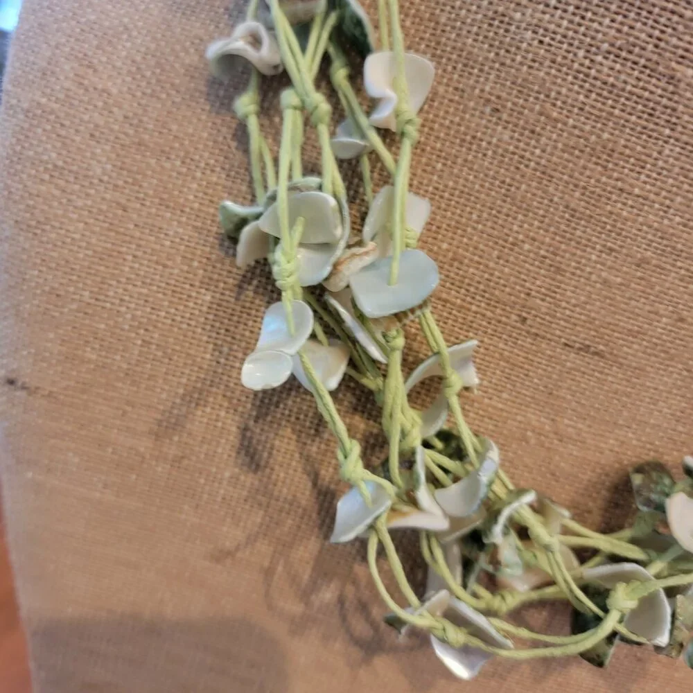 Green Shell & Cotton Multistrand Boho Necklace - Picture 5 of 11